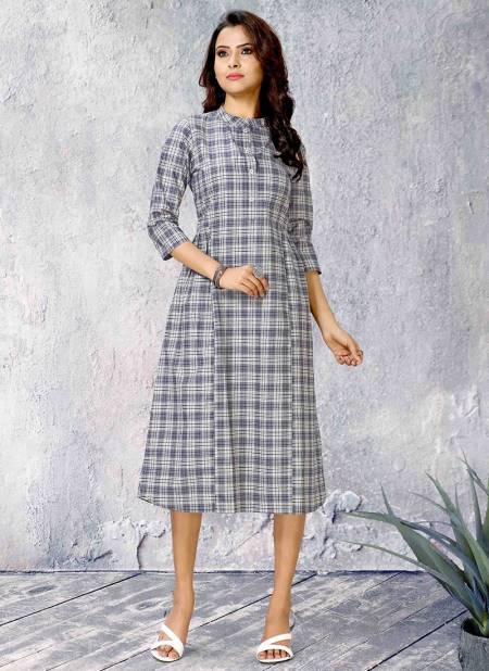 Gray Style Roof CHECKS DELIGHT Fancy Ethnic Party Wear Pure Cotton Printed Latest Kurtis Collection CD-01